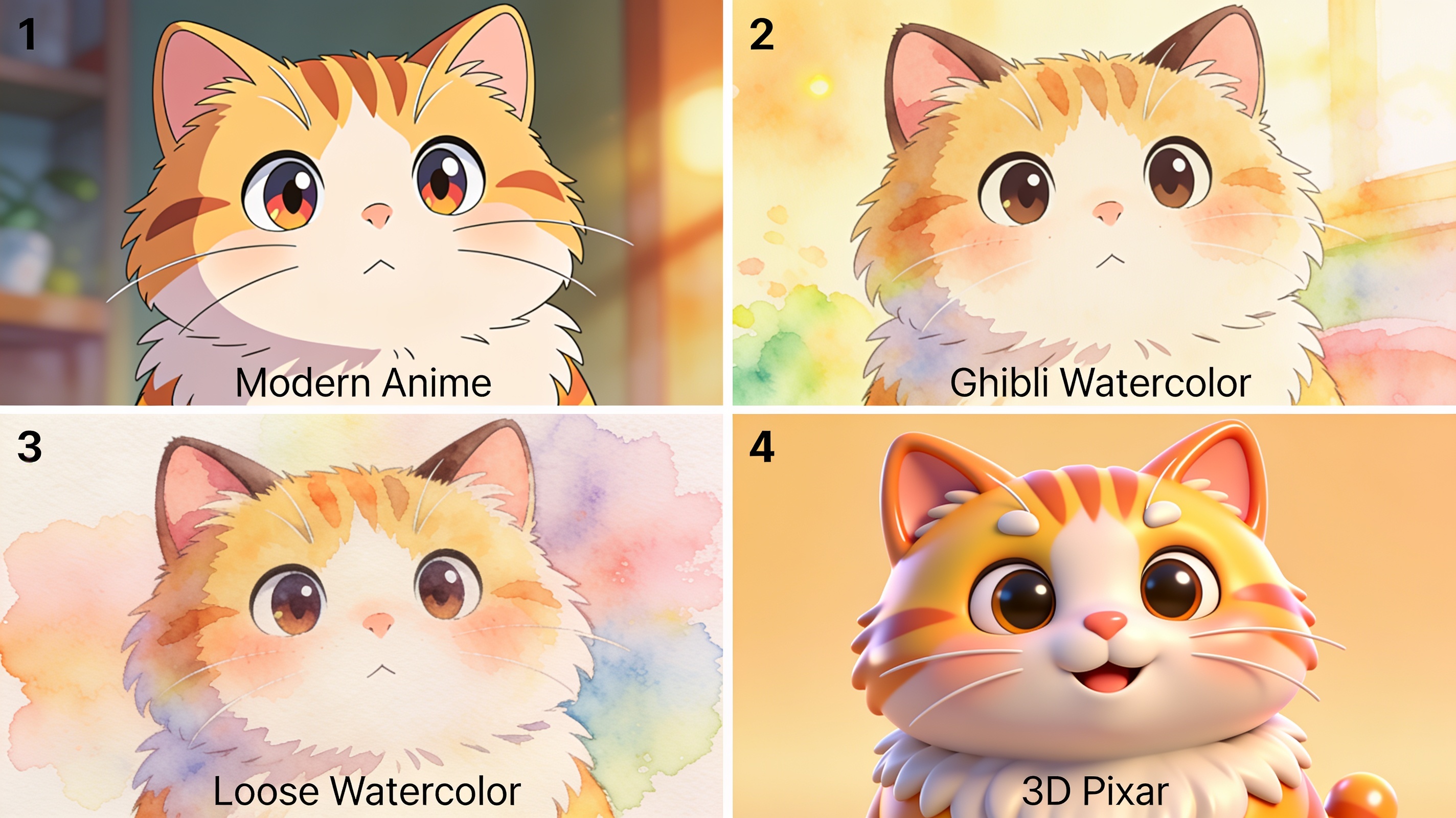 El mismo gato en cuatro estilos: anime moderno, acuarela Ghibli, acuarela clásica y render 3D