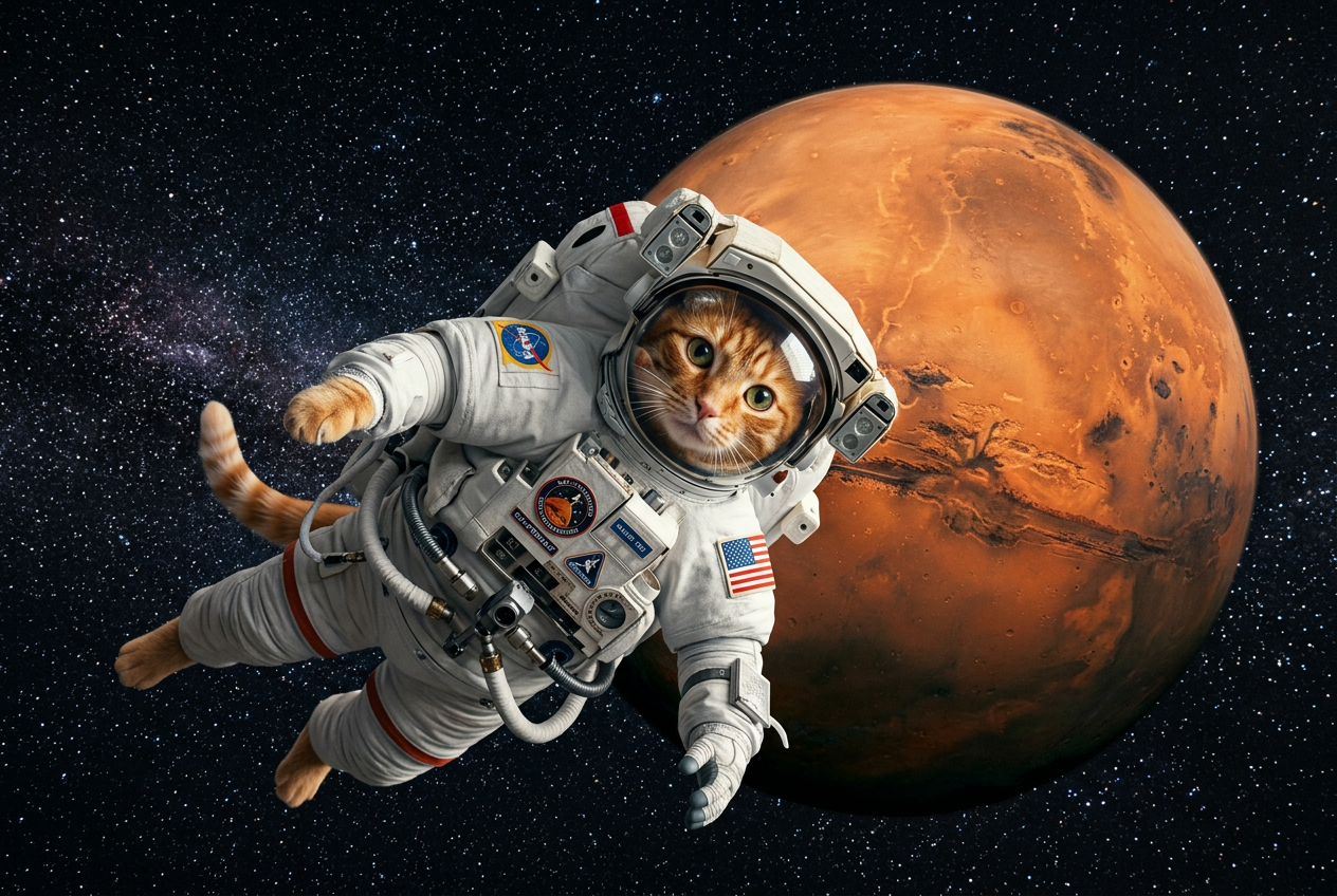 Un gato naranja con traje de astronauta sobre Marte, surgido del ruido
