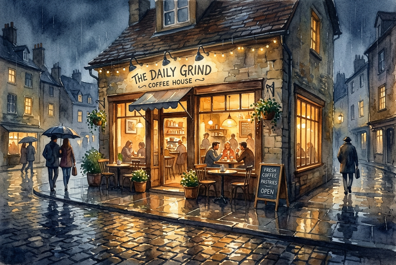 A cosy coffee shop on a rainy evening, warm light, watercolour — an image generated by a neural network from a description
