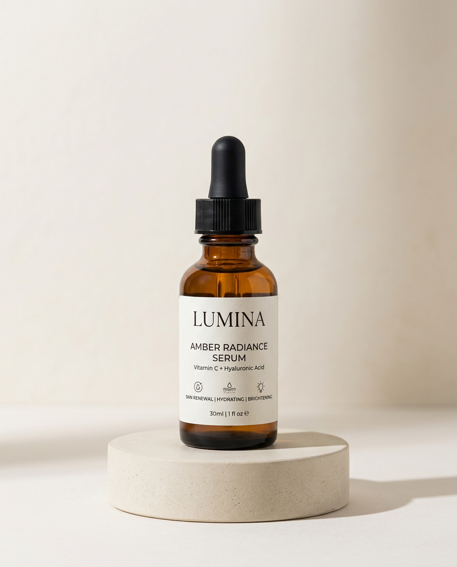 Una ficha de producto de marketplace: un frasco de sérum sobre un fondo de estudio limpio con luz suave