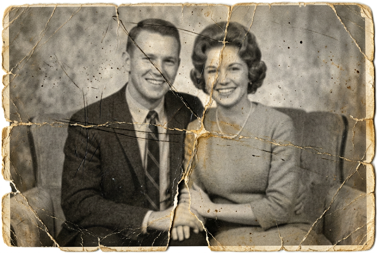 A damaged, faded black-and-white photo from the 1960s with scratches and creases