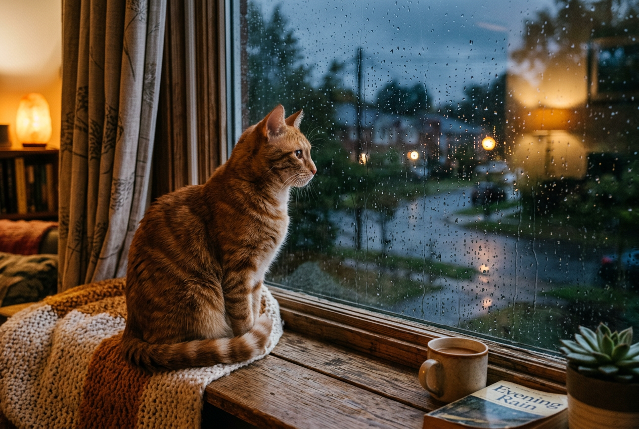 Un gato naranja en un alféizar de madera mirando por la ventana, lluvia en el cristal, luz cálida de atardecer — el resultado de un prompt detallado