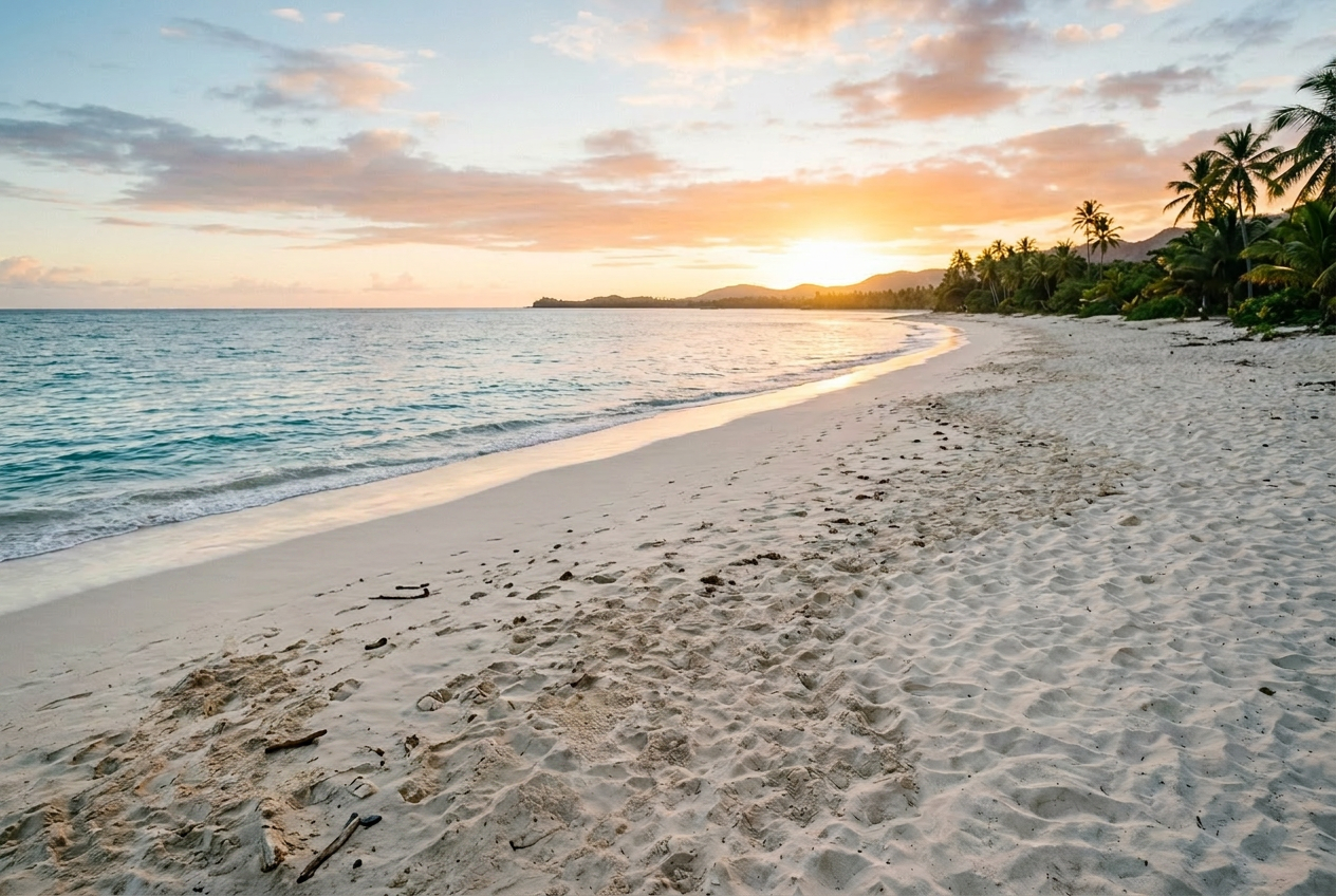The same beach at sunset with no bin — the network filled the spot with clean sand