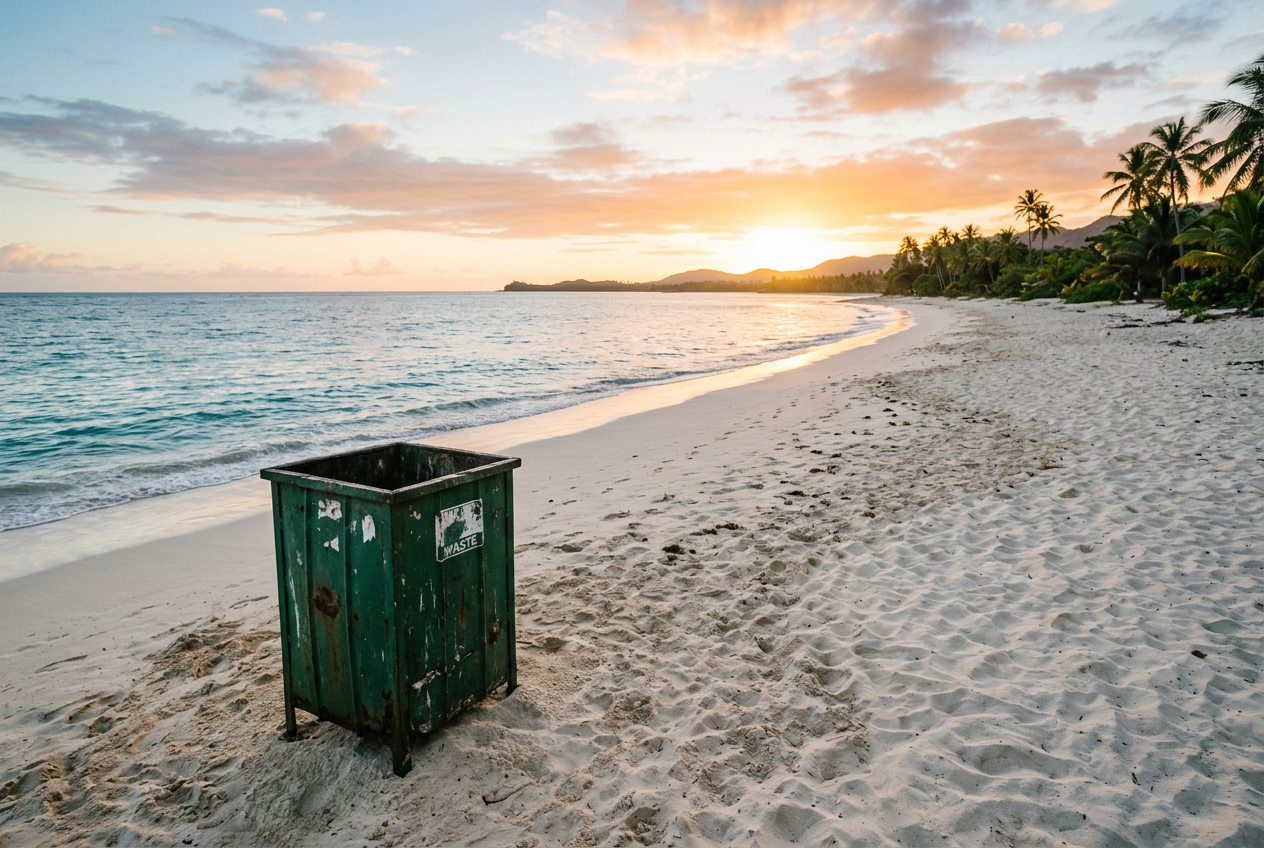 A beach at sunset with an ugly bin in the foreground