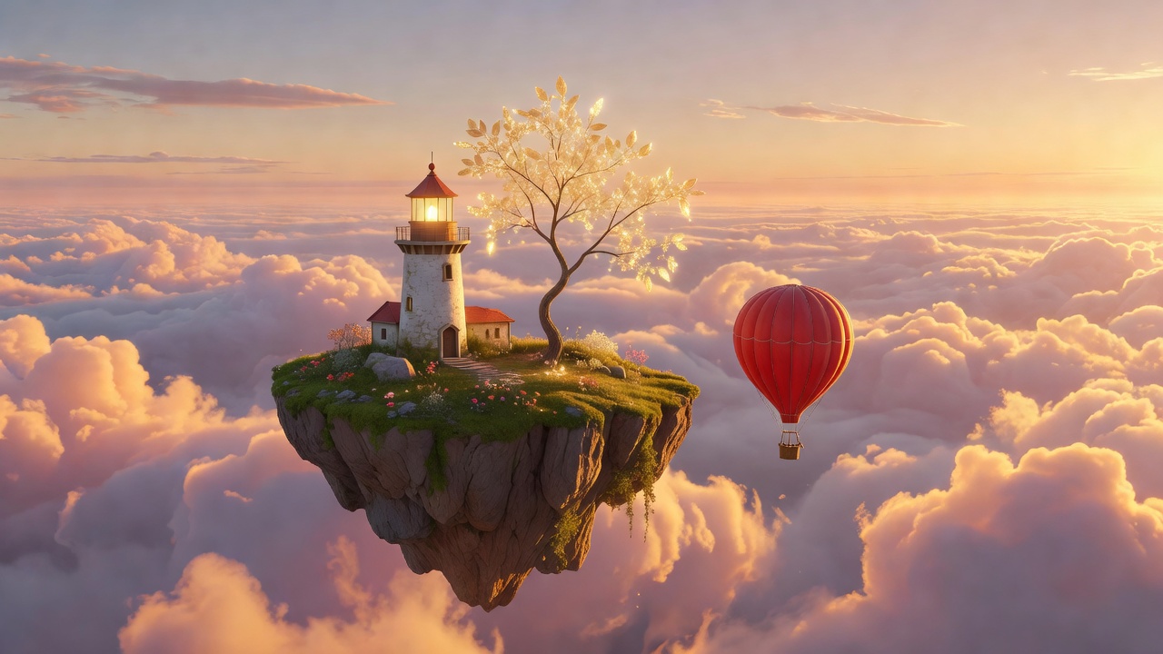 A small island floating in the clouds with a lighthouse, a glowing tree and a red balloon — a scene drawn by a neural network from a single description